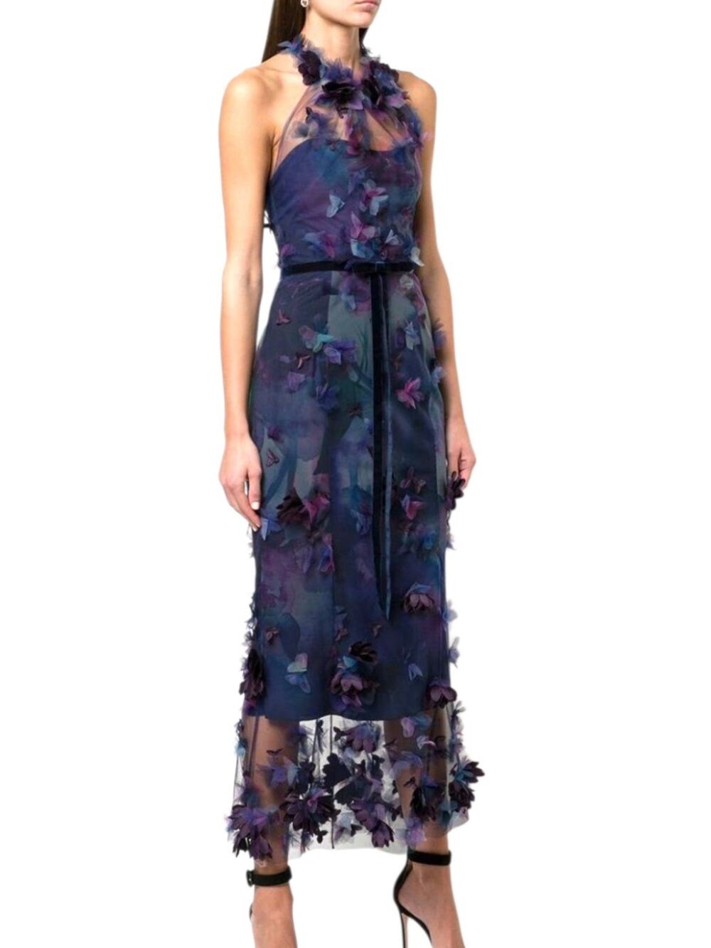 Marchesa Notte Halter 3D Floral Print Applique Cocktail Dress Blue Purple Size 2